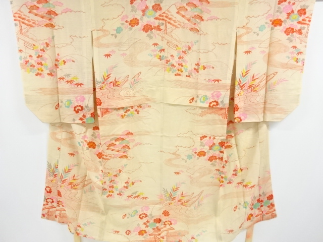 JAPANESE KIMONO / ANTIQUE JUBAN FOR SUMMER / EMBROIDERY / STREAM & FLORAL PLANTS